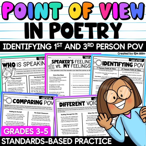Hojas de trabajo, actividades y ejercicios de punto de vista en poesía. Imprimibles de primera y tercera persona (descarga digital).