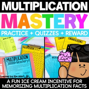 Puede incluir: Material educativo para el dominio de la multiplicación que incluye un cuestionario, hojas de práctica y certificados de recompensa. El conjunto presenta papel amarillo, azul y verde con texto que incluye Multiplication Mastery, Practice + Quizzes + Reward.