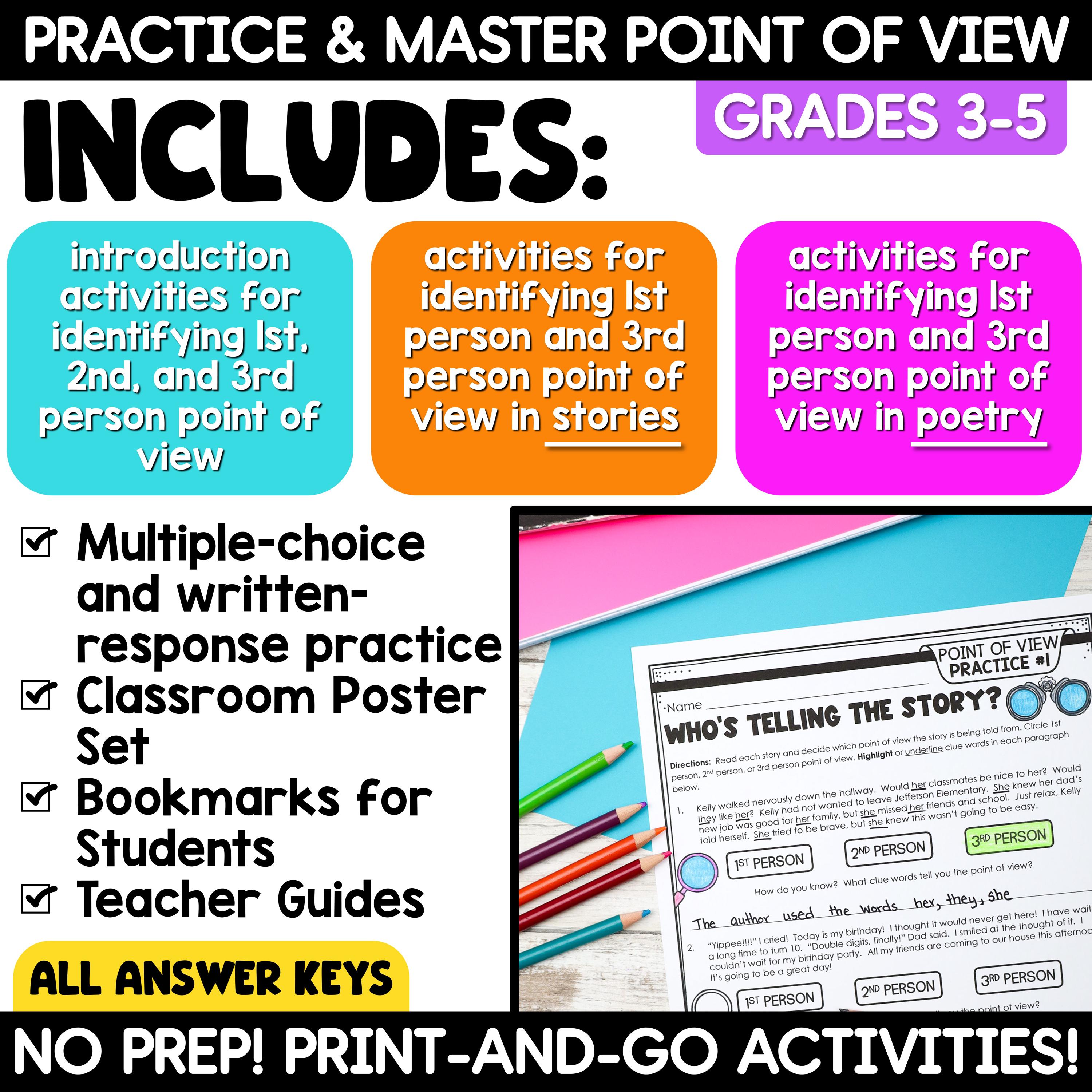 Point of View Anchor Chart, Worksheets, and Activities BUNDLE for First ...