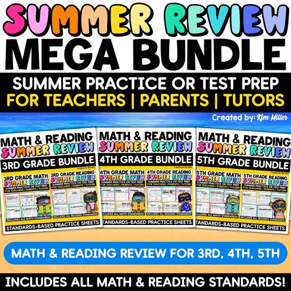 Paquete de repaso de matemáticas y lectura de verano para 3.º, 4.º y 5.º grado.