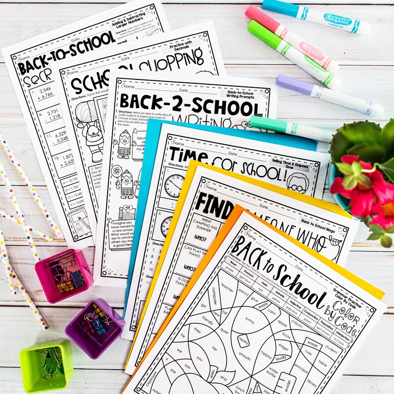 May include: A set of printable worksheets for back to school activities. The worksheets include activities like math problems, writing prompts, time telling, finding someone who, and color by code.