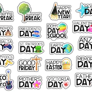 May include: A set of 16 colorful stickers featuring various holidays and events, including Spring Break, Groundhog Day, Presidents Day, Australia Day, St. Patrick's Day, Earth Day, April Fools Day, Good Friday, Happy Easter, Cinco de Mayo, Mother's Day, Victoria Day, Father's Day, MLK Jr. Day, Valentine's Day, ANZAC Day, and Memorial Day.