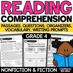 May include: A reading comprehension resource for Grade 4 students. The image features a title in pink, with the words "Reading Comprehension" and "Passages, Questions, Organizers, Vocabulary, Writing Prompts." There are worksheets and a cartoon illustration of a child reading.