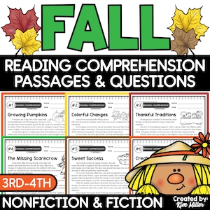 Könnte beinhalten: Ein farbenfrohes Arbeitsblatt-Set mit dem Wort "FALL" in großen grünen Buchstaben. Die Arbeitsblätter behandeln Leseverständnis mit Texten und Fragen zu Kürbissen, Herbstveränderungen und Thanksgiving. Enthält eine Illustration einer Vogelscheuche.