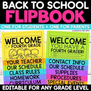 Puede incluir: Un conjunto de dos libros desplegables coloridos para el regreso a clases. La versión amarilla para estudiantes muestra 'WELCOME TO FOURTH GRADE' con niños dibujados, mientras que la versión verde para padres dice 'WELCOME YOU HAVE A FOURTH GRADER!' con un gráfico de lápiz.