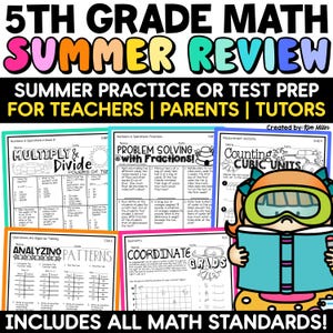 Puede incluir: Un recurso educativo colorido para la revisión de verano de matemáticas de 5to grado. La imagen presenta hojas de trabajo sobre varios temas de matemáticas, incluyendo multiplicación, fracciones y geometría. El texto incluye "Summer Practice or Test Prep".