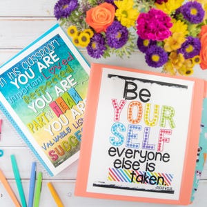 May include: Two colorful classroom posters with inspirational messages. The first poster says "In this classroom you are important, loved, respected, you are part of a team, you are valuable, list success". The second poster says "Be your self, everyone else is taken." - Oscar Wilde.