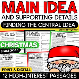 May include: A printable Christmas activity pack for finding the main idea and supporting details in reading passages. The pack includes 12 high-interest passages about Christmas traditions, with graphic organisers for students to record their answers.