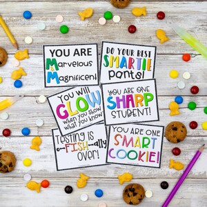 K&ouml;nnte beinhalten: Sechs rechteckige wei&szlig;e Karten mit schwarzem Text und bunter Schrift. Die Karten enthalten motivierende Spr&uuml;che wie You Are Marvelous Magnificent, Do Your Best Smartie Pants, You Will Glow, You Are One Sharp Student, Testing Is Fish-ally Over und You Are One Smart Cookie.