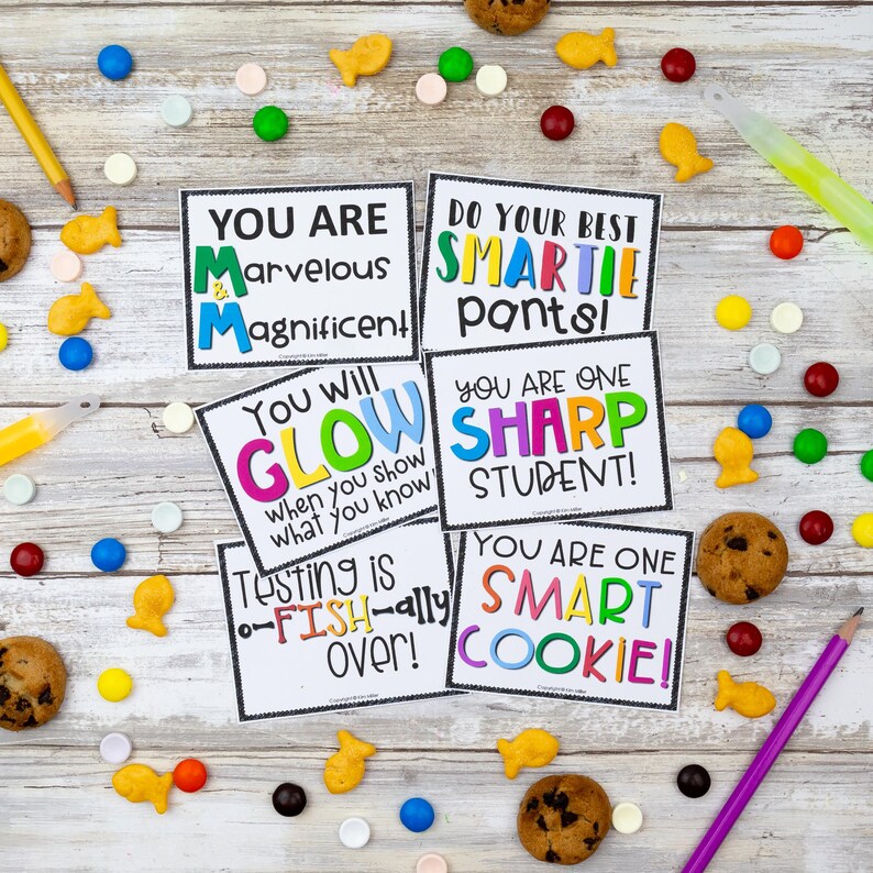 K&ouml;nnte beinhalten: Sechs rechteckige wei&szlig;e Karten mit schwarzem Text und bunter Schrift. Die Karten enthalten motivierende Spr&uuml;che wie You Are Marvelous Magnificent, Do Your Best Smartie Pants, You Will Glow, You Are One Sharp Student, Testing Is Fish-ally Over und You Are One Smart Cookie.