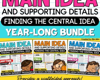 Main Idea and Supporting Details Worksheets Graphic Organizer Central Idea Key Details Nonfiction Passages Seasonal Bundle 3rd 4th 5th Grade