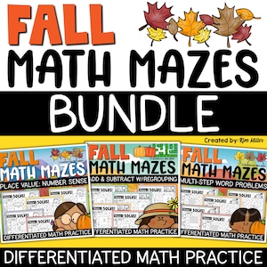 Puede incluir: Un paquete de materiales educativos "Fall Math Mazes". El título está en naranja y negro, con coloridas hojas de otoño. El paquete incluye tres cuadernos de ejercicios de matemáticas con laberintos para diferentes habilidades matemáticas. También se incluye la frase "Differentiated Math Practice".