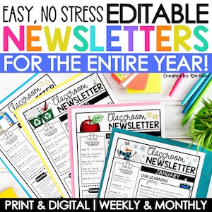 Editable Classroom Newsletters Monthly Weekly Templates for Parent Communication | Newsletters for Teachers | Editable Newsletter Templates