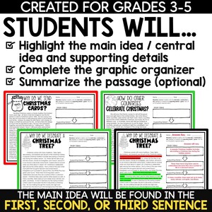 May include: A printable worksheet for students to learn about Christmas traditions around the world. The worksheet includes a graphic organiser to help students identify the main idea and supporting details of the text. The text includes information about why people send Christmas cards, how other countries celebrate Christmas, and why people decorate Christmas trees.
