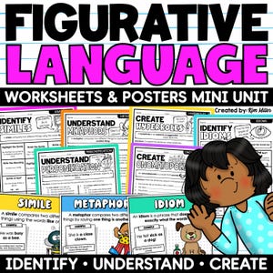May include: A colorful educational poster set titled "Figurative Language Worksheets & Posters Mini Unit." The image features various worksheets explaining similes, metaphors, hyperbole, personification, and idioms. A cartoon character is shown in the corner.