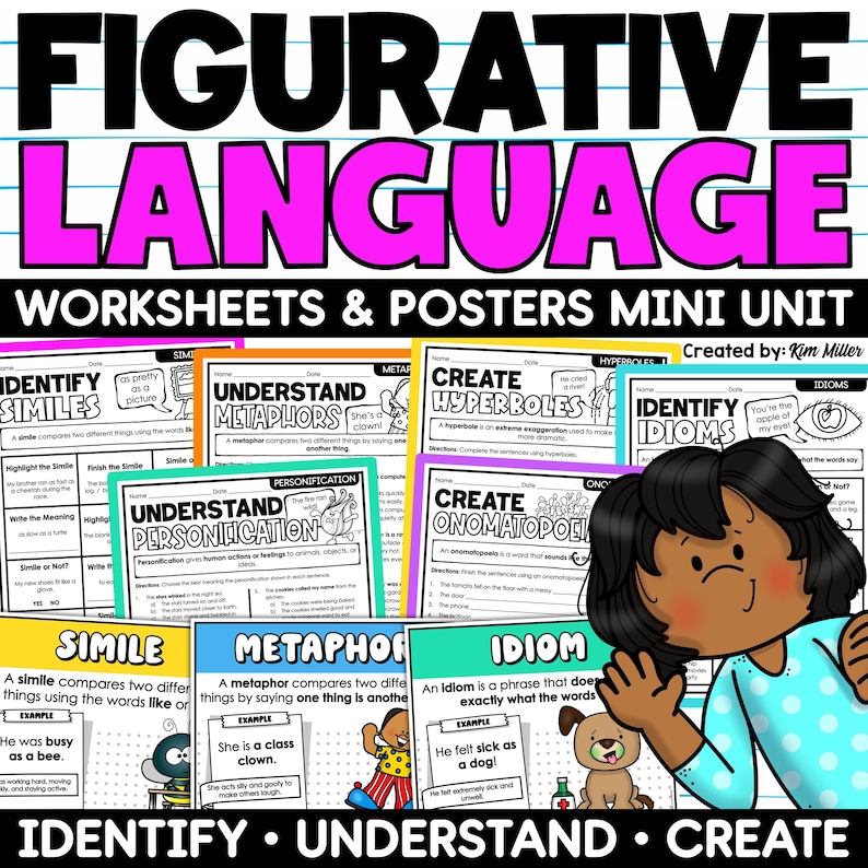 May include: A colorful educational poster set titled "Figurative Language Worksheets & Posters Mini Unit." The image features various worksheets explaining similes, metaphors, hyperbole, personification, and idioms. A cartoon character is shown in the corner.