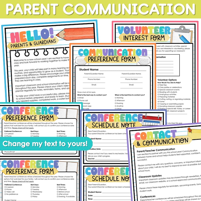 May include: A collection of printable school forms titled Parent Communication, including a Hello Parents & Guardians letter, Volunteer Interest Form, Communication Preference Form, Conference Preference Form, Conference Schedule Note, and Contact & Communication.