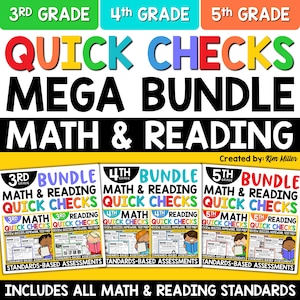 Könnte beinhalten: Ein farbenfrohes Bildungs-Bundle für die 3., 4. und 5. Klasse mit "Quick Checks" für Mathe und Lesen. Das Bild enthält den Text "MEGA BUNDLE" und "MATH & READING" sowie den Namen des Erstellers. Es enthält auch den Text "INCLUDES ALL MATH & READING STANDARDS".