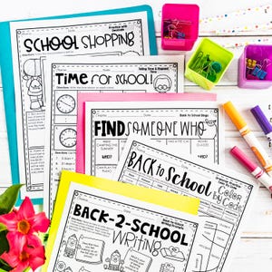 May include: Black and white printable worksheets for back to school activities. The worksheets include activities like telling time, solving word problems, finding someone who, and grammar practice. The worksheets are on a white wooden table with colorful markers and paper clips.