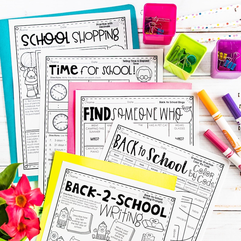 May include: Black and white printable worksheets for back to school activities. The worksheets include activities like telling time, solving word problems, finding someone who, and grammar practice. The worksheets are on a white wooden table with colorful markers and paper clips.