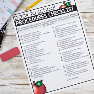 May include: A white paper back to school procedures checklist with black text and red apple illustrations at the top and bottom. The document lists various classroom routines, including attendance, recess rules, and desk expectations with checkboxes.