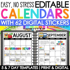 Teacher Calendar 2025-2026 | EDITABLE Monthly Calendar Templates Printable Digital with Digital Teacher Planner Stickers | Teacher Planning