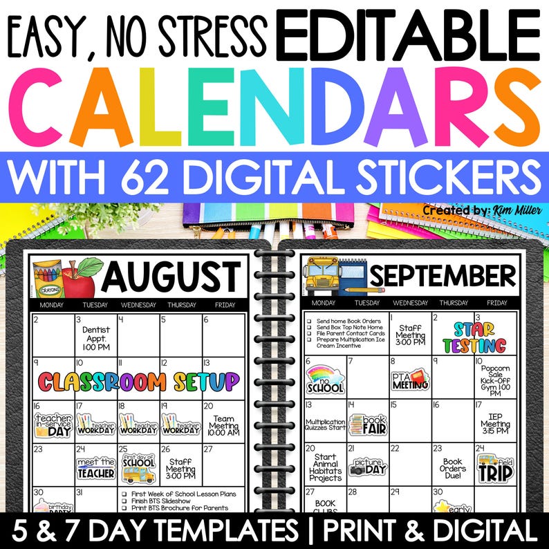 Teacher Calendar 20242025 EDITABLE Monthly Calendar Templates