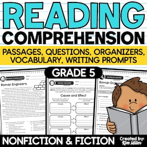 Pode incluir: Recurso educacional para alunos da 5ª série. A imagem apresenta um caderno de exercícios com o título "Compreensão de leitura" e o texto "Passagens, perguntas, organizadores, vocabulário, exercícios de escrita". O caderno inclui seções sobre engenheiros romanos, causa e efeito e prática de vocabulário.