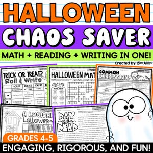 Halloween Activities Math Reading Writing Worksheets Printables, No Prep Fall Activities, 4th 5th Grade Teacher, Homeschool Instant Download