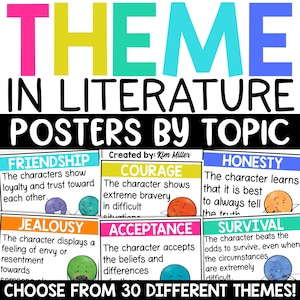 May include: A set of colorful posters with illustrations and text about different themes in literature, such as friendship, courage, honesty, jealousy, acceptance, and survival. The posters are designed for use in classrooms or libraries. The text on the posters reads "THEME IN LITERATURE POSTERS BY TOPIC" and "CHOOSE FROM 30 DIFFERENT THEMES!"