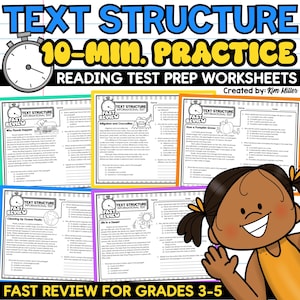 May include: A collection of reading test prep worksheets for grades 3-5. The worksheets feature the text "TEXT STRUCTURE" and "10-MIN. PRACTICE". Each worksheet includes a "FAST REVIEW" section and is designed for informational text analysis.
