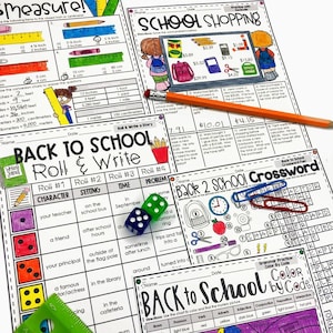 May include: Back to School themed educational worksheets with activities like measuring, math word problems, a roll and write story, a crossword puzzle, and a color by code activity. The worksheets feature colorful illustrations and are designed for elementary school students.