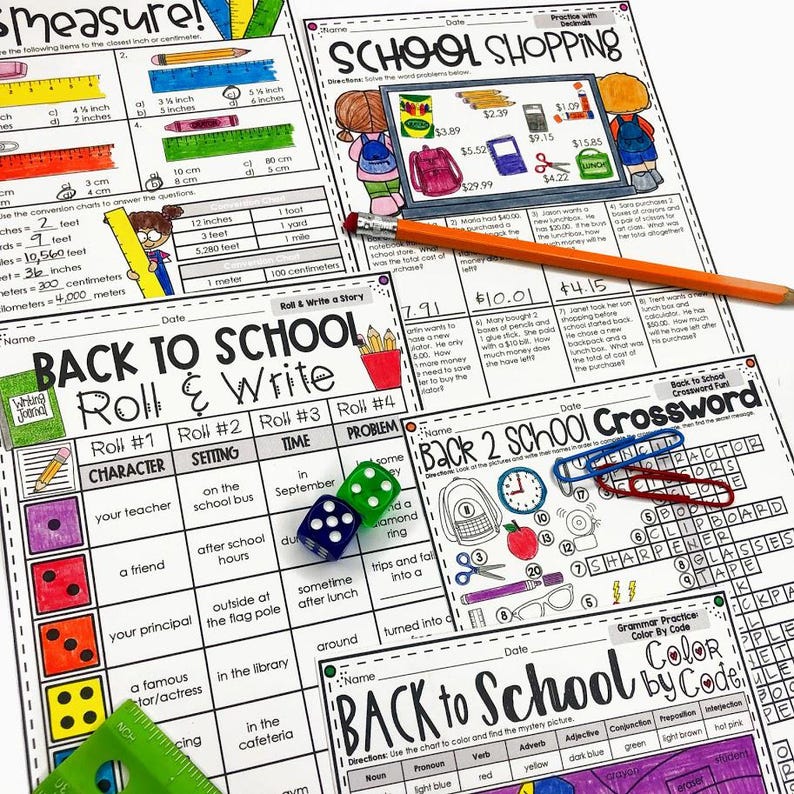 May include: Back to School themed educational worksheets with activities like measuring, math word problems, a roll and write story, a crossword puzzle, and a color by code activity. The worksheets feature colorful illustrations and are designed for elementary school students.