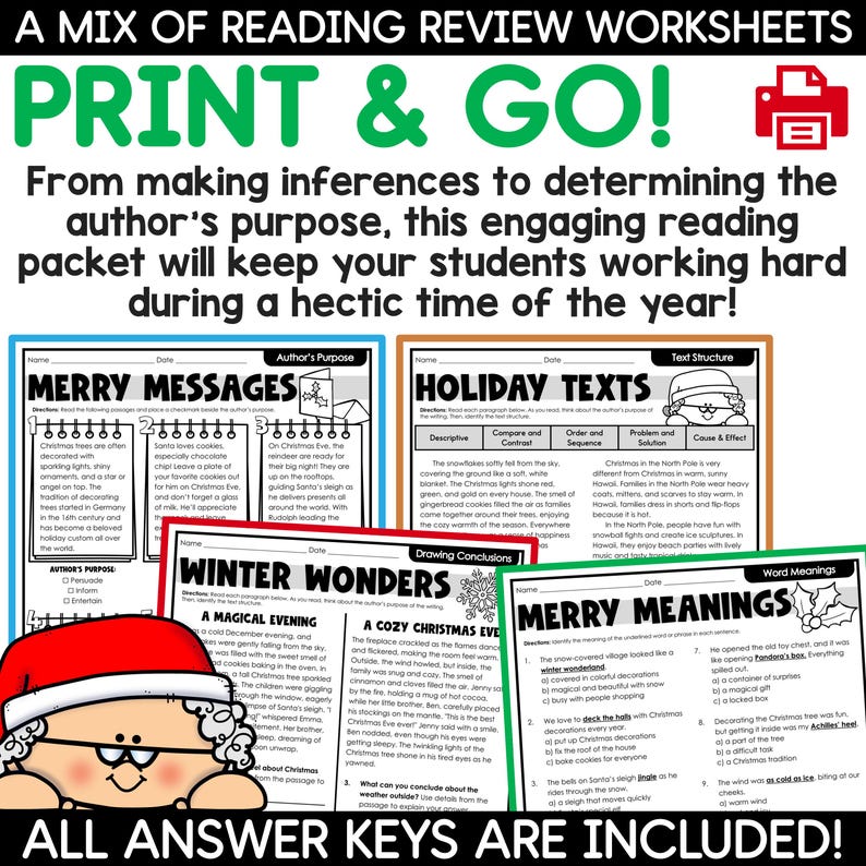 Puede incluir: Un conjunto de hojas de trabajo de revisi&oacute;n de lectura imprimibles para estudiantes. Las hojas de trabajo presentan un tema de vacaciones de invierno con ilustraciones de Pap&aacute; Noel, renos y mu&ntilde;ecos de nieve. Las hojas de trabajo incluyen actividades como determinar el prop&oacute;sito del autor, hacer inferencias e identificar la estructura del texto. El texto en las hojas de trabajo incluye las palabras "Merry Messages", "Holiday Texts", "Winter Wonders" y "Merry Meanings".