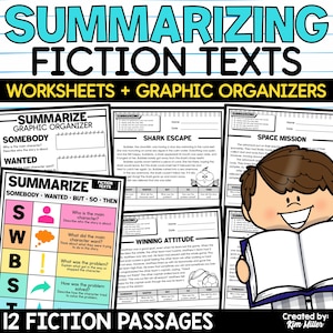 Fiches d'exercices de résumé de fiction pour les élèves de CE2 à CM2, stratégie SWBST, textes de compréhension de lecture, organisateurs graphiques, prêts à imprimer.