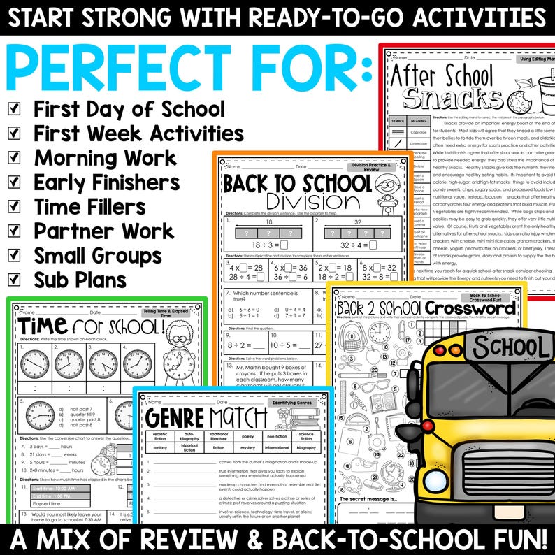 4th 5th Grade Back to School Worksheets, First Day First Week of School Reading Math Printables, Welcome Back to School Printable Workbook image 3