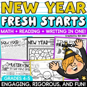 May include: A colorful educational resource for grades 4-5, featuring the text "NEW YEAR FRESH STARTS." The image includes worksheets on math, reading, and writing, with a cartoon illustration of a child wearing a party hat.