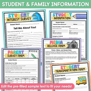 May include: A collection of printable school forms including a Student Interest Survey, Student Information sheet, Media Release Form, Parent Survey Form, and Student Transportation Form, all featuring colorful headers and school-themed graphics.