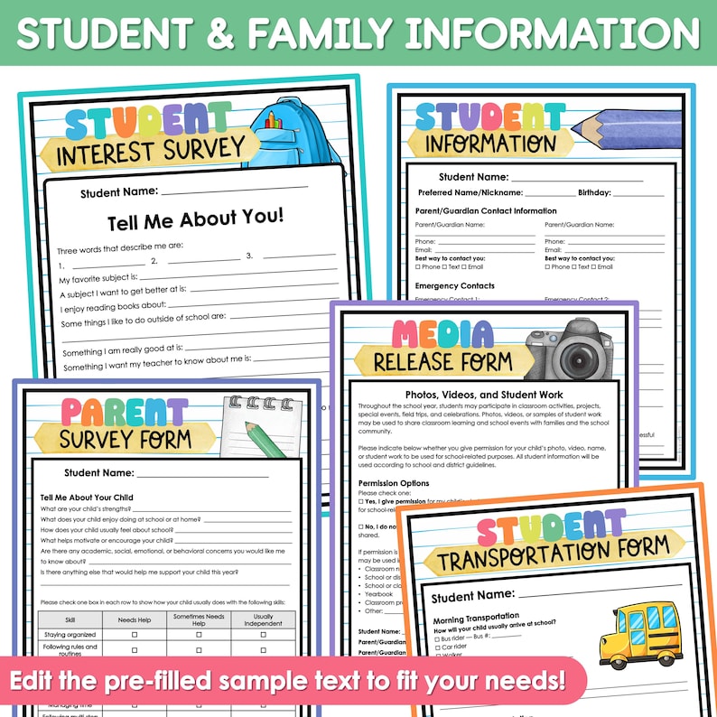 May include: A collection of printable school forms including a Student Interest Survey, Student Information sheet, Media Release Form, Parent Survey Form, and Student Transportation Form, all featuring colorful headers and school-themed graphics.