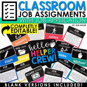 May include: A set of classroom job assignment cards featuring black headers with white text and icons, colorful name tags, and detailed job descriptions. The central card reads hello HELPER CREW! with a hand icon. Text includes CLASSROOM JOB ASSIGNMENTS.