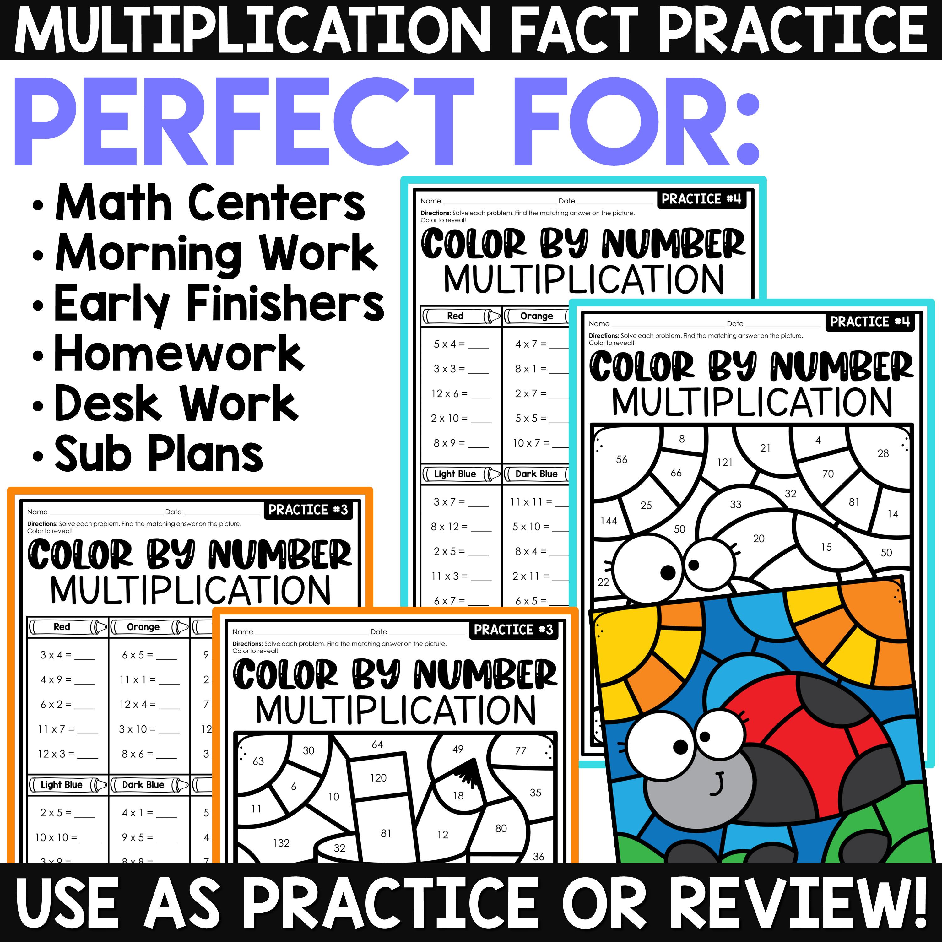 Multiplication Color by Number Worksheets | Fact Fluency Practice 3rd ...