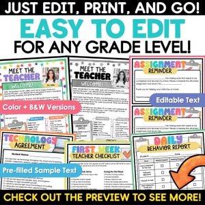 May include: A collection of printable classroom templates including Meet the Teacher sheets, assignment reminders, technology agreements, and daily behavior reports. The documents feature colorful headers, editable text fields, and sample content.