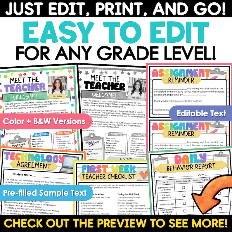 May include: A collection of printable classroom templates including Meet the Teacher sheets, assignment reminders, technology agreements, and daily behavior reports. The documents feature colorful headers, editable text fields, and sample content.