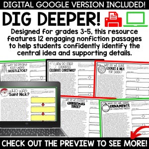 May include: A digital resource for grades 3-5 featuring 12 engaging non-fiction passages about Christmas traditions. The resource helps students identify the central idea and supporting details. The image shows a laptop screen displaying a passage about Saint Nick, along with several other passages about Christmas traditions.