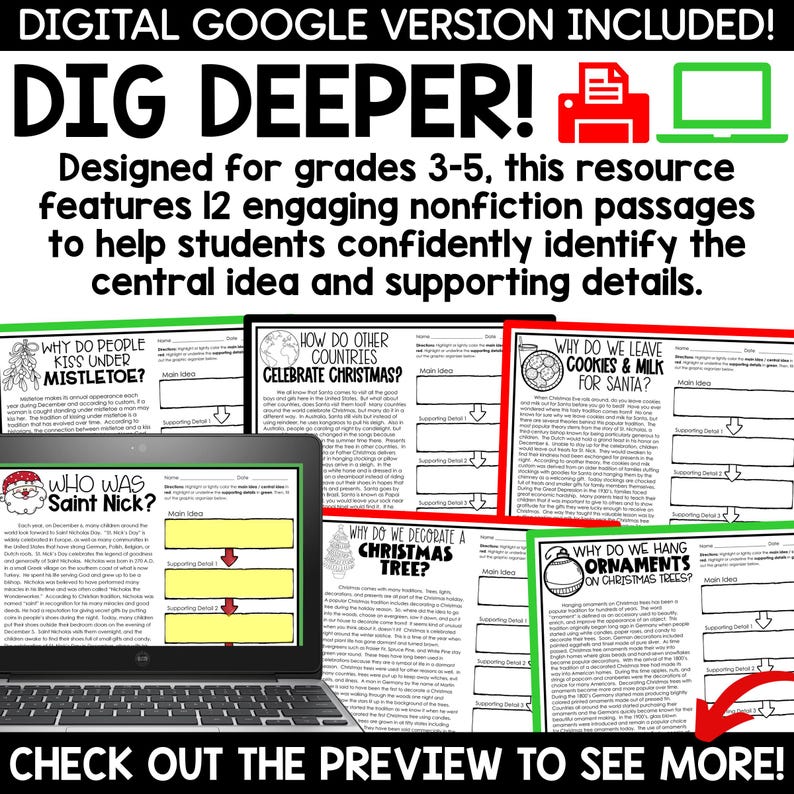 May include: A digital resource for grades 3-5 featuring 12 engaging non-fiction passages about Christmas traditions. The resource helps students identify the central idea and supporting details. The image shows a laptop screen displaying a passage about Saint Nick, along with several other passages about Christmas traditions.