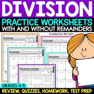 May include: A collection of colorful division practice worksheets for grades 4-5, featuring problems with and without remainders. The worksheets include long division word problems and are designed for review, quizzes, homework, and test prep.