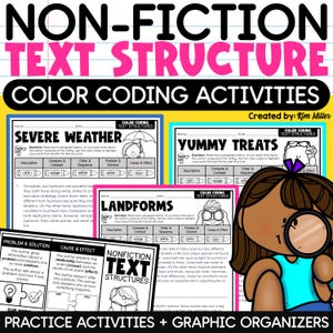 Peut inclure: Une affiche éducative colorée intitulée « Non-Fiction Text Structure Color Coding Activities ». Elle présente des feuilles de travail sur les phénomènes météorologiques violents, les friandises et les paysages, avec des guides de structure de texte à code couleur. Une fille de dessin animé avec une loupe est dans l'image.