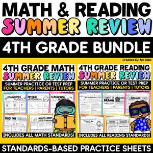 May include: A bundle of 4th grade math and reading summer review practice sheets. The title includes the words "MATH & READING SUMMER REVIEW 4TH GRADE BUNDLE". The practice sheets are for teachers, parents, and tutors.