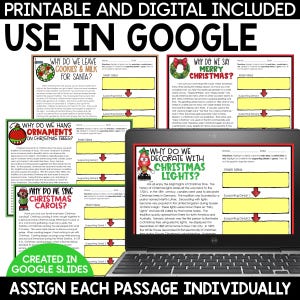 May include: Printable and digital Google Slides activity for teaching about Christmas traditions. The activity includes four different passages about why we leave cookies and milk for Santa, why we say Merry Christmas, why we hang ornaments on Christmas trees, and why we decorate with Christmas lights. Each passage has a graphic organiser for students to identify the main idea and supporting details.