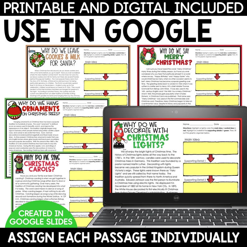 May include: Printable and digital Google Slides activity for teaching about Christmas traditions. The activity includes four different passages about why we leave cookies and milk for Santa, why we say Merry Christmas, why we hang ornaments on Christmas trees, and why we decorate with Christmas lights. Each passage has a graphic organiser for students to identify the main idea and supporting details.